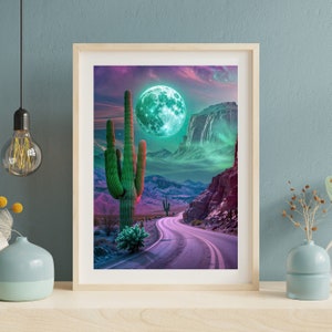 Neon Wüstennächte Poster - Mond Kakteen Traumlandschaft - Himmlische Wüste Wandkunst - Surreale Landschaft Druck - Mond Nachthimmel