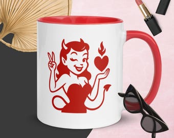 Hotter Than My Coffee Mug – Red Devil Girl Art, Funny Retro Pin-Up Coffee Mug, Sassy Gift for Her, Vintage-Inspired Drinkware