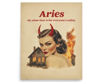 Lámina artística del zodiaco de terror de Aries - Póster de Aries de astrología oscura - Decoración de pared con el signo de fuego espeluznante - Regalo gótico de Aries - Arte de Halloween de Aries