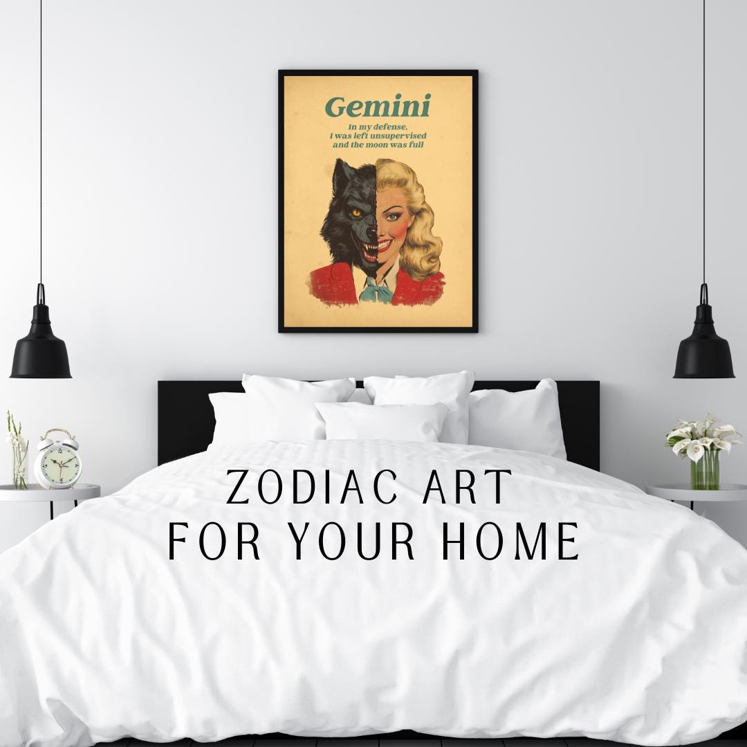 Gemini Horror Zodiac Art Print - Spooky Twin Sign Astrology Poster