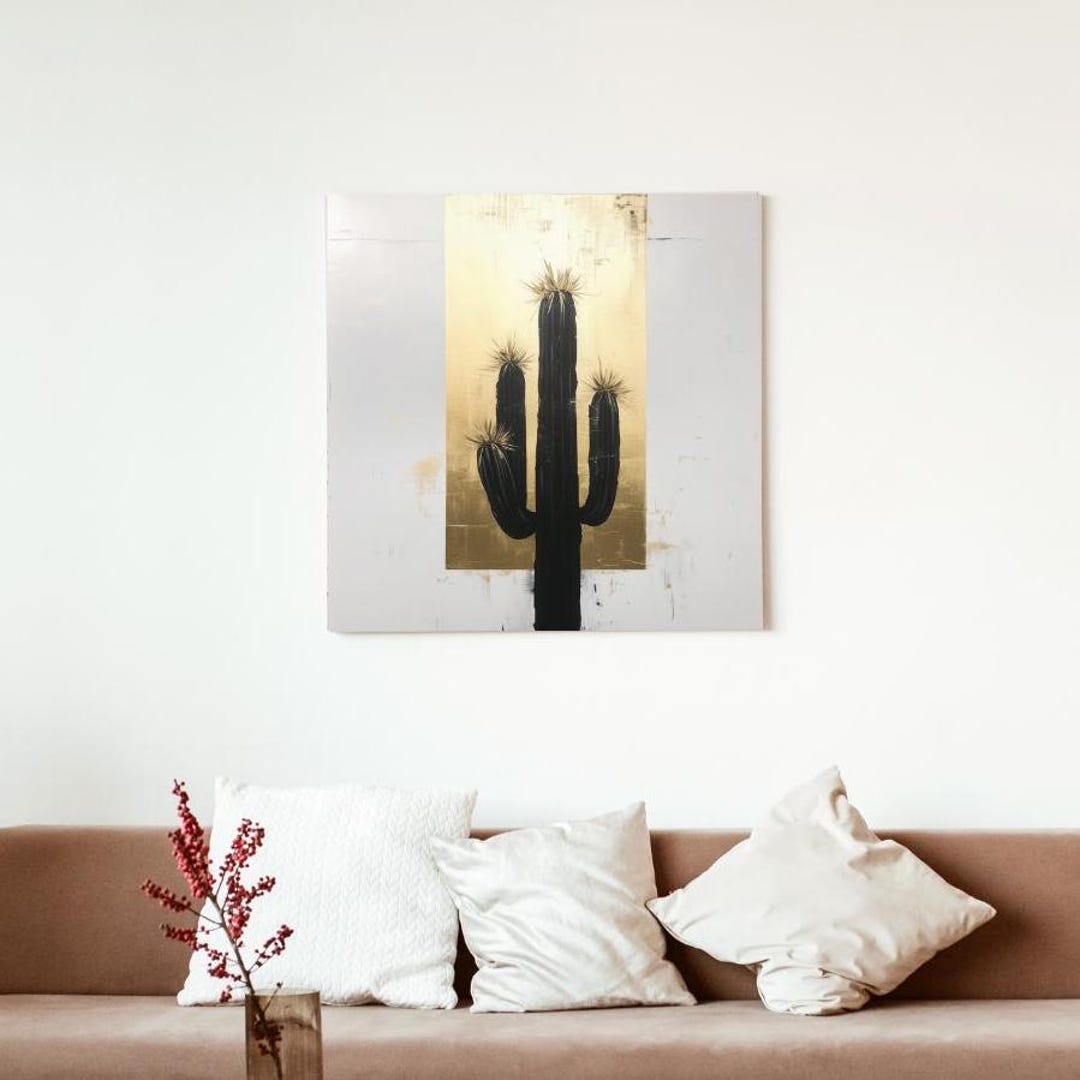 Saguaro Cactus Art Print - Gold and Black Western Desert Wall Decor ...