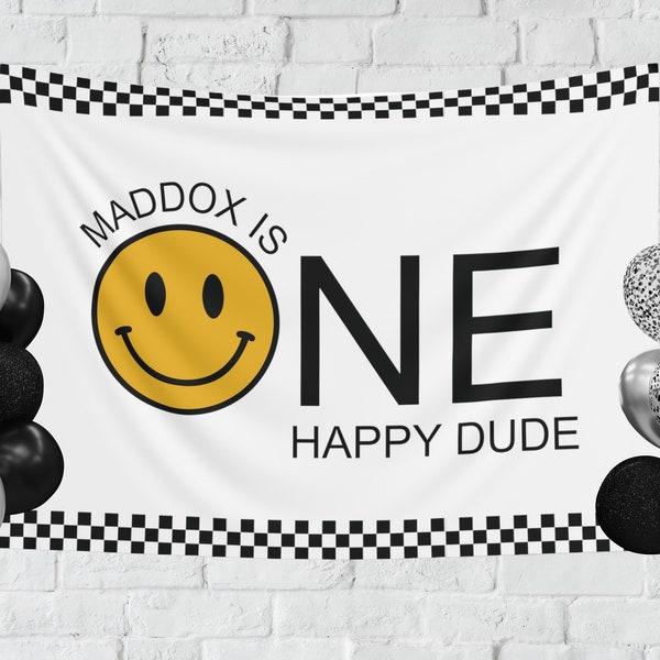 Checkered One Happy Dude Birthday Backdrop Decoration First Birthday Custom Decor Banner Happy Face 1st Birthday Wall Tapestry Decor Smiley