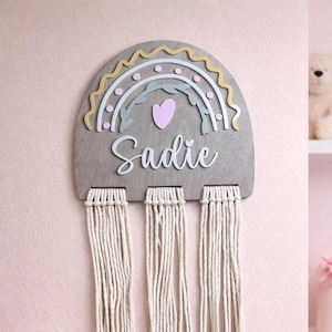 Soporte personalizado para lazo de macramé: Decoración de madera para habitación infantil con nombre