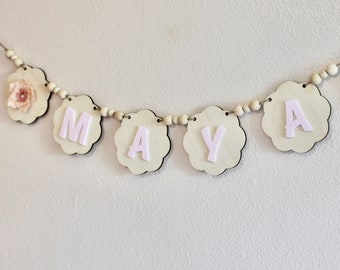 Name Wooden Bunting Personalized Name Nursery Decor Flowered Garland Name Birthday Banner Wood Bead Cake Smash Baby Shower Sign High Chair