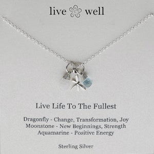 Vive la vida al máximo, plata de ley, inspirador, collar con dijes, libélula, mujeres fuertes, nuevos comienzos, hija, amiga