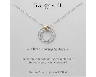 Three Sisters Necklace, Sterling Silver, 14k Gold Filled, Sisters Necklace,  Meaningful, Sisters, Friends, Inspirational, Strong Women