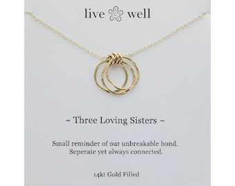 Drei Schwestern Halskette, 14k Gold Filled, drei Schwestern Halskette, sinnvoll, Brautjungfern, Freunde, starke Frauen, Schwestern Geschenk