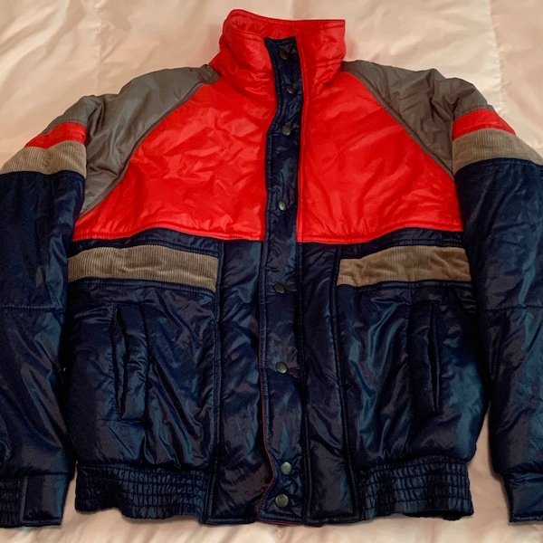 Retro "Alpine Ski" Puffer Snow Jacket in Red/Blue/Gray