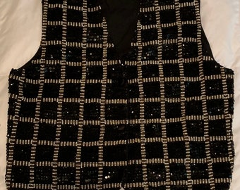 Vintage “Theo” Black/Gold/Pearl Beaded Sequined Vest 80s 90s Size Large