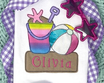 Personalized Beach Shirt, Girls Shirt, Beach Ball Shirt, Sand Bucket Shirt, Vacation Shirt, Embroidered Shirt, Gift for Girl