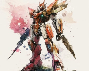 Watercolor of a Gundam Style Robot (Digital Download)