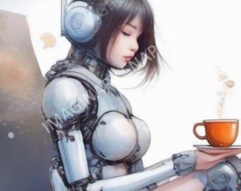 May include: A woman with short black hair wearing a silver and white robotic suit and headphones holds a cup of steaming coffee.