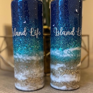 Beach Swirl or Horizontal Ombré Blue/Teal/Gold Glitter Epoxy Resin Personalized/Custom Tumbler, Sports Bottle, Travel Mug/Cup