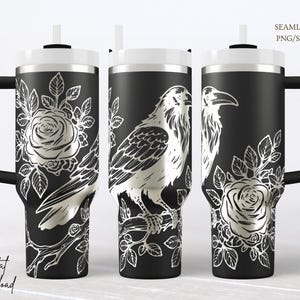 SVG per rivestimento di bicchiere Gothic Raven Floral, file ottimizzato per nodi di incisione laser Dark Academia