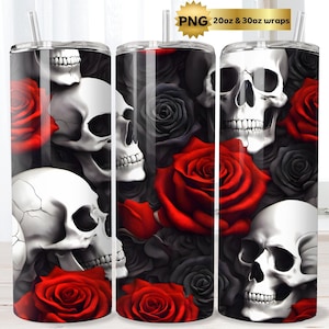 Gothic Skull & Roses Seamless Tumbler Wrap, Dark Romance Floral, 20oz 30oz Straight/Skinny Design, Sublimation Design, PNG Download Only