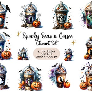 Spooky Season Coffee Clipart Set - Gothic Watercolor Coffee Drink Clipart Bundle - Halloween PNG Bundle - Pumpkin Designs - Instant Download
