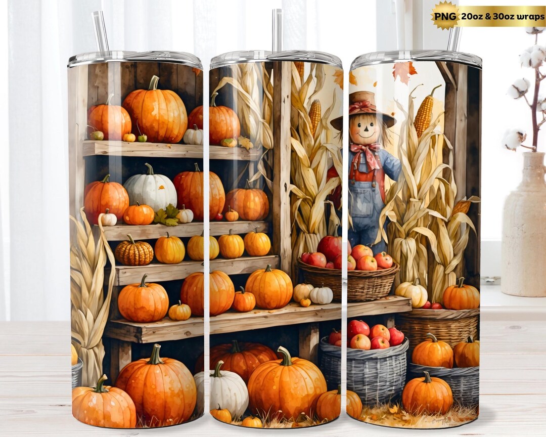 Pumpkin Patch Seamless Tumbler Wrap PNG, Fall Scarecrow Sublimation ...