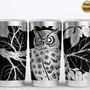 Owl Tumbler Wrap: Leaves Seamless Laser Design (PNG, SVG Digital Download)