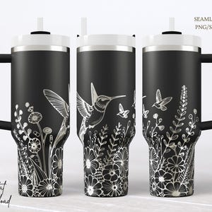 Adesivo per bicchiere con colibrì floreale in formato SVG, file ottimizzato per nodi di incisione laser botanica su legno.