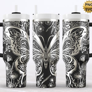 Large Butterfly Floral 40oz Tumbler Wrap, Laser Engraved Seamless Wrap, SVG PNG Instant Download, Floral engraved Design, Butterfly Design