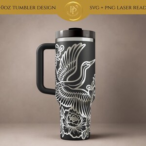 Chinoiserie Crane Peony Floral Grandmillennial 40oz Laser Engraving Tumbler Wrap SVG Download File