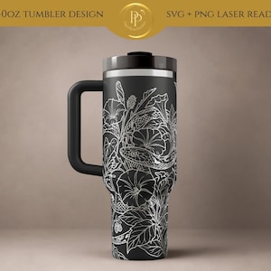 May include: A 40oz black tumbler featuring a white line art design of a snake coiled among morning glory flowers and leaves. The tumbler has a black handle and a black lid. The text at the top reads 40OZ TUMBLER DESIGN SVG + PNG LASER READY.