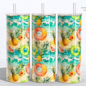 May include: Three stainless steel tumblers with a tropical beach design. The design features pineapples, watermelon slices, and inflatable rings against a backdrop of ocean waves and sand. The tumblers have clear straws and lids.