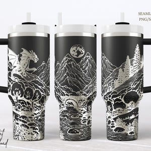 Illustrazione vettoriale di un paesaggio fantasy con drago per bicchiere termico (SVG), file ottimizzato per nodi di incisione laser su legno mitologica.