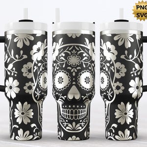 Envoltorio para vaso de 40 oz con forma de calavera de azúcar, envoltorio sin costuras grabado con láser, descarga instantánea de SVG PNG, diseño de calavera floral, diseño del Día de los Muertos