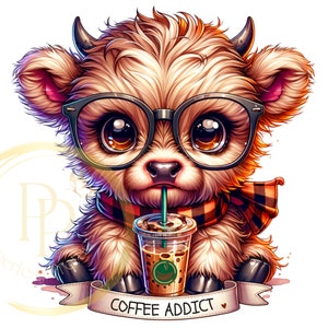 Cute Highland Cow PNG, Sublimation Design, Coffee Addict Clipart, Cow Digital Image, Western Png, T-Shirt Design, Instant Download Png, DTF