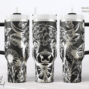 Adesivo per bicchiere con mucca delle Highlands e girasole in formato SVG, file ottimizzato per nodi di incisione laser con motivo floreale in stile rustico