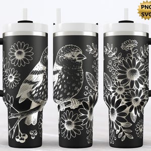 Floral Bird 40oz Tumbler Wrap, Laser Engraved Seamless Design, SVG PNG Download Only, Bird and Flower Design, Botanical Etched, Nature lover