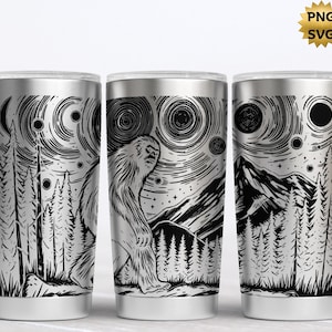 May include: Three stainless steel tumblers with a black and white graphic design of a Bigfoot walking through a forest with a starry night sky. The design includes a mountain range and trees.