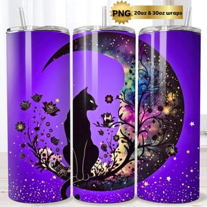 Celestial Black Cat Tumbler Wrap: Witchy 20oz 30oz Skinny Design (PNG File, Digital Download