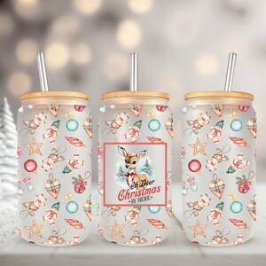 Adorable Christmas Deer Design for 16oz Glass Tumbler Wrap -&quot;Oh Dear Christmas is Here&quot; - PNG Instant Download - Seamless Sublimation Design
