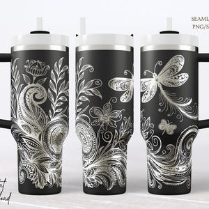 Adesivo per bicchiere con motivo libellula Paisley in formato SVG, file ottimizzato per nodi di incisione laser in stile boho-chic.