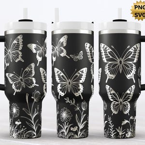 Butterfly Tumbler Laser Engrave SVG, Wildflower, Full Wrap design for 40oz Tumbler, Digital Download, Seamless Design, SVG & PNG For Rotary