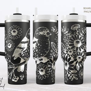 File SVG per rivestimento di bicchiere con uccelli floreali, file ottimizzato per nodi di incisione laser con margherite botaniche