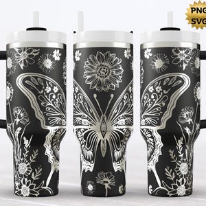 Large Butterfly 40oz Tumbler Wrap, Laser Engraved Seamless Wrap, SVG PNG Instant Download, Floral engraved Design, Butterfly And Flowers