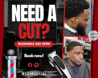 Könnte beinhalten: Werbung für einen Friseursalon mit dem Text "NEED A CUT?" in Weiß und Rot. Das Bild enthält eine Barbierstange, einen Haarschneider und Fotos von Männern mit Haarschnitten. Der Text "Book now!" und Social-Media-Handles sind ebenfalls vorhanden.