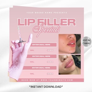 Könnte beinhalten: Rosa-weißes Grafik mit dem Text "YOUR BRAND NAME PRESENTS LIP FILLER Specials" und einer Preisliste für 1 ml Lippenfüller. Die Grafik enthält auch ein Foto einer behandschuhten Hand, die eine Spritze hält, und zwei Fotos von Frauenlippen vor und nach dem Lippenfüller.