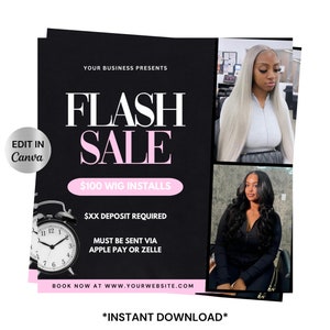 Folleto de venta flash, folleto de peluquería, plantillas de Canva DIY, reservas abiertas, reserva ahora, uñas, instalación de pelucas, folleto para redes sociales, folleto comercial, ofertas