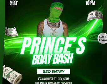 Men's Birthday Party Flyer, Nightclub Event, Bday Bash (Editable Canva Template)