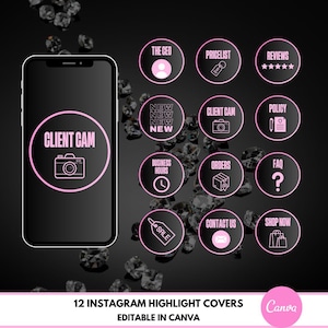 Puede incluir: Doce cubiertas de resaltado de Instagram rosas y negras con varios iconos y texto. Los iconos incluyen una persona, una etiqueta de precio, estrellas, nuevo, cámara, bolígrafo y papel, reloj, caja, signo de interrogación, etiqueta de venta, correo electrónico y bolsas de compras. El texto incluye "The CEO", "Pricelist", "Reviews", "New", "Client Cam", "Policy", "Business Hours", "Orders", "FAQ", "Sale", "Contact Us", y "Shop Now".