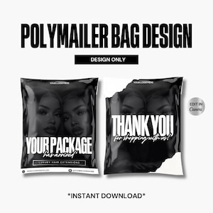 Wig Polymailer Bag Design, Lace Front Wig & Packaging Bundles Hair Package, Black and White, Diy Custom Box Design, Canva Template