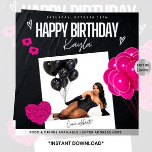 Editable Birthday Party Invitation, Girl Bday Invite, DIY Canva template, Glam, Birthday dinner, Celebration Flyer, Pink, Black