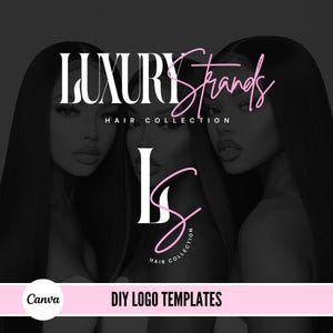 Puede incluir: Una plantilla de diseño de logotipo para un negocio de colección de cabello llamado "Luxury Strands". El logotipo presenta un monograma estilizado "LS" en rosa y blanco, con las palabras "Luxury Strands" en letras blancas en negrita arriba y "Hair Collection" en letras blancas más pequeñas abajo. El logotipo está sobre un fondo negro con dos caras de mujeres a cada lado.