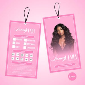 May include: Pink tag with the text "Luxury Hair" and a checklist for hair texture and length. The tag also includes hair care tips and a website address. A photo of a woman with long, curly hair is on the right side of the tag.