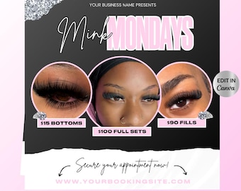 Lash Extension Flyer, Mink Mondays Template (Canva Editable, Digital Download)