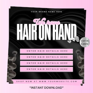 DIY Hair On Hand Flyer Design, Hair Boutique Social Media Flyer, Hairseller, Hair Flyer Design, Bundles on Hand Flyer Canva, Wigs on Hand